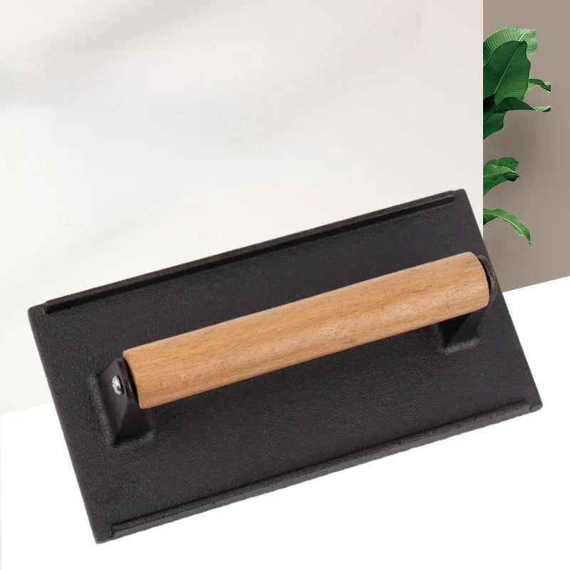 Kitchen Heavy Cast Flat Iron Steak Weight/Bacon Press with Wooden Handle, Heavy-Weight Grill Press Commercial Grade Burger