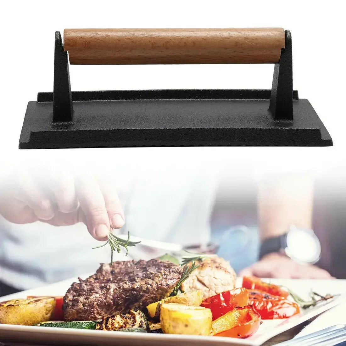 Kitchen Heavy Cast Flat Iron Steak Weight/Bacon Press with Wooden Handle, Heavy-Weight Grill Press Commercial Grade Burger