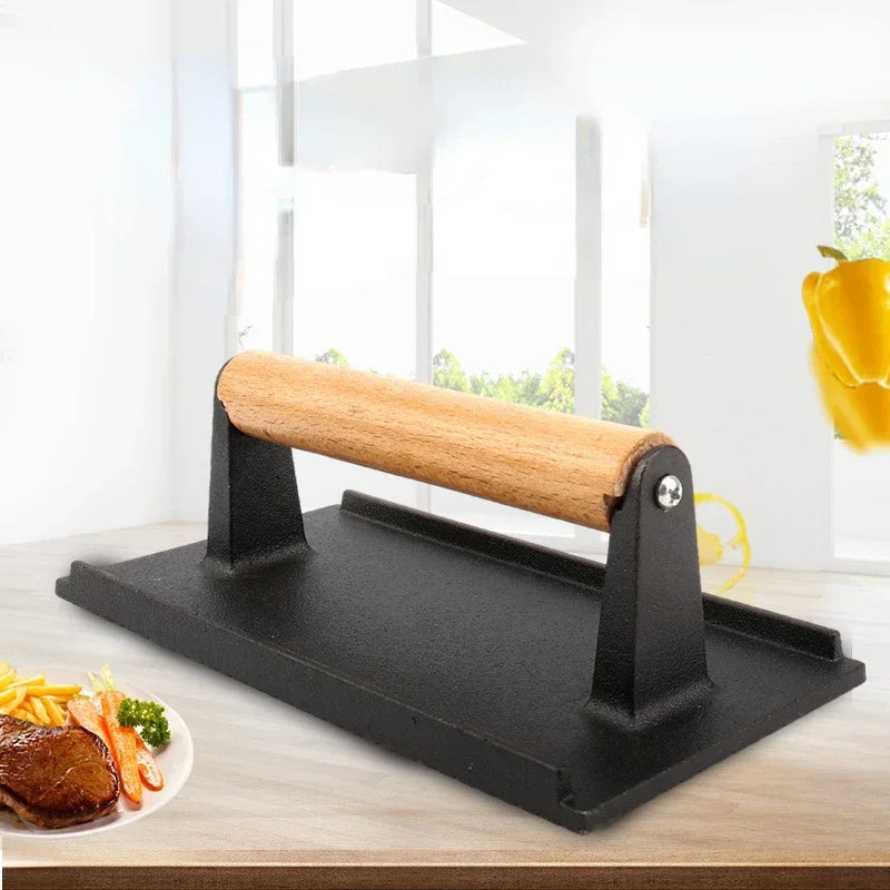 Kitchen Heavy Cast Flat Iron Steak Weight/Bacon Press with Wooden Handle, Heavy-Weight Grill Press Commercial Grade Burger