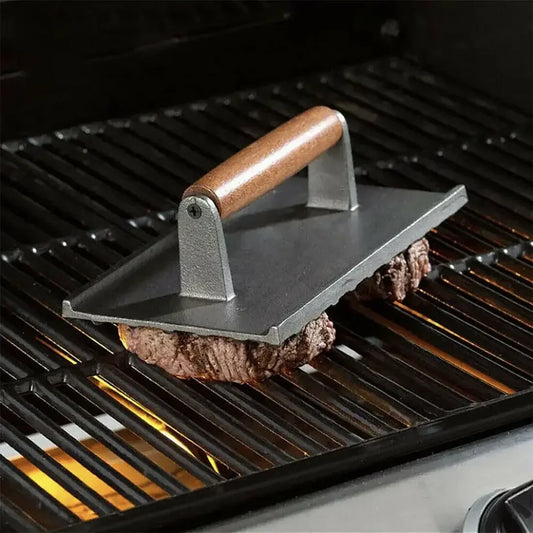 Kitchen Heavy Cast Flat Iron Steak Weight/Bacon Press with Wooden Handle, Heavy-Weight Grill Press Commercial Grade Burger